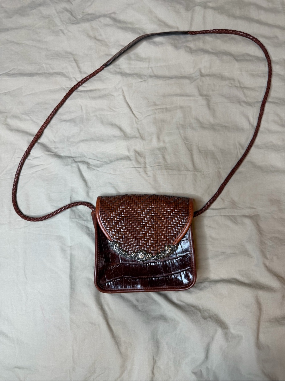 Brighton Vintage Vegan Leather Woven Croc Embossed Mini Crossbody Bag Silver